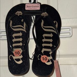 Juicy Couture Black Glitter Flip Flop Sandals with Rhinestone Accent